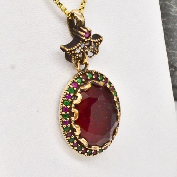 Vintage Womens Ruby & Emerald Pendant in 14kt & 925 Sterling Silver - Picture 2 of 8